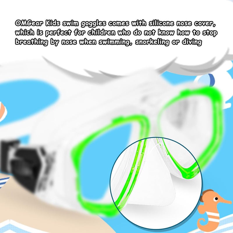 OMGear Goggles Kids Swimming Silicone Swim Mask Snorkeling Gear for Kids Tempered Glass Snorkel Goggles with Nose Cover Scuba Diving Goggles with Cute Neoprene Mask Strap Cover - Image 3